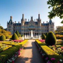 A grand and majestic palace with intricate architectural details, towering spires, and large, arched windows
