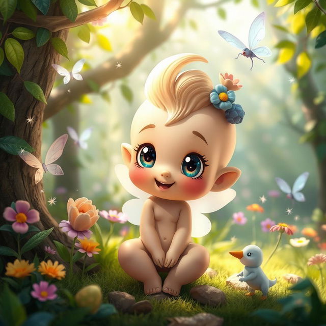 A whimsical and playful scene featuring a cute fantasy character, designed with a bright and colorful aesthetic