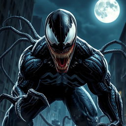 A dramatic depiction of Venom, the iconic Marvel anti-hero, showcasing his menacing presence