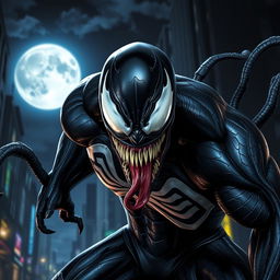 A dramatic depiction of Venom, the iconic Marvel anti-hero, showcasing his menacing presence