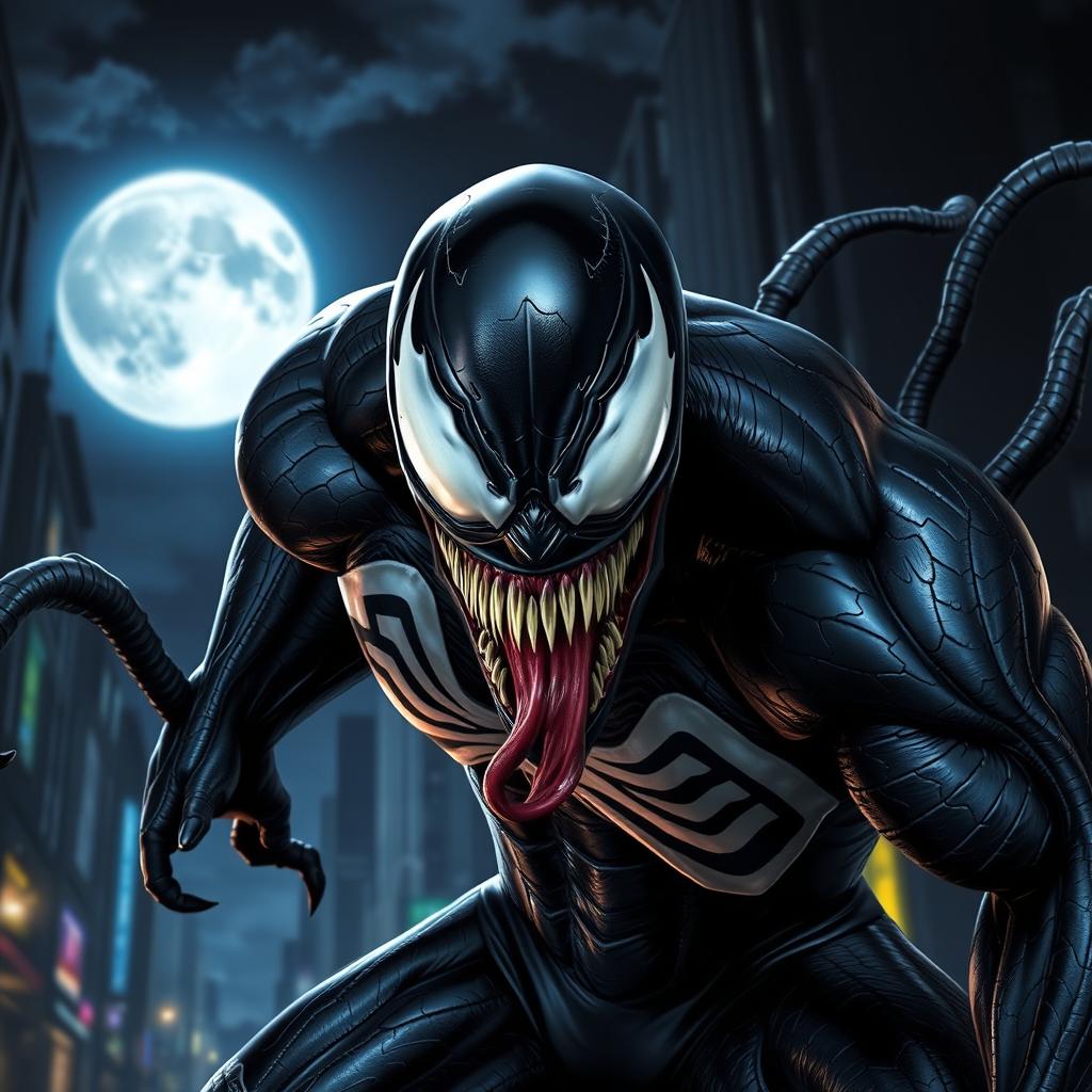 A dramatic depiction of Venom, the iconic Marvel anti-hero, showcasing his menacing presence