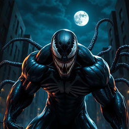 A dramatic depiction of Venom, the iconic Marvel anti-hero, showcasing his menacing presence