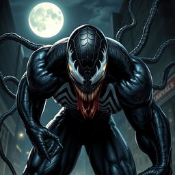 A dramatic depiction of Venom, the iconic Marvel anti-hero, showcasing his menacing presence