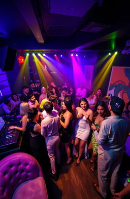 A vibrant scene inside a trendy exclusive club, highlighting a group of well-dressed individuals socializing, enjoying drinks, and dancing under colorful lights