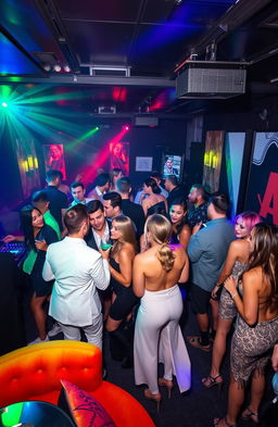 A vibrant scene inside a trendy exclusive club, highlighting a group of well-dressed individuals socializing, enjoying drinks, and dancing under colorful lights