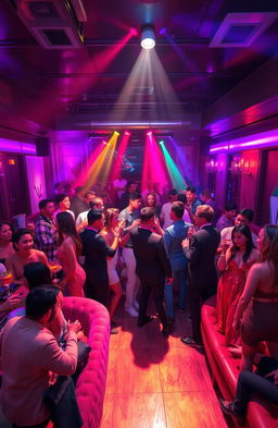 A vibrant scene inside a trendy exclusive club, highlighting a group of well-dressed individuals socializing, enjoying drinks, and dancing under colorful lights