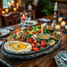 A vibrant, detailed image of a beautifully arranged traditional Arabic dish, featuring a large platter of colorful mezze, including hummus, baba ghanoush, tabbouleh, and stuffed grape leaves, complemented by fresh herbs and slices of lemon