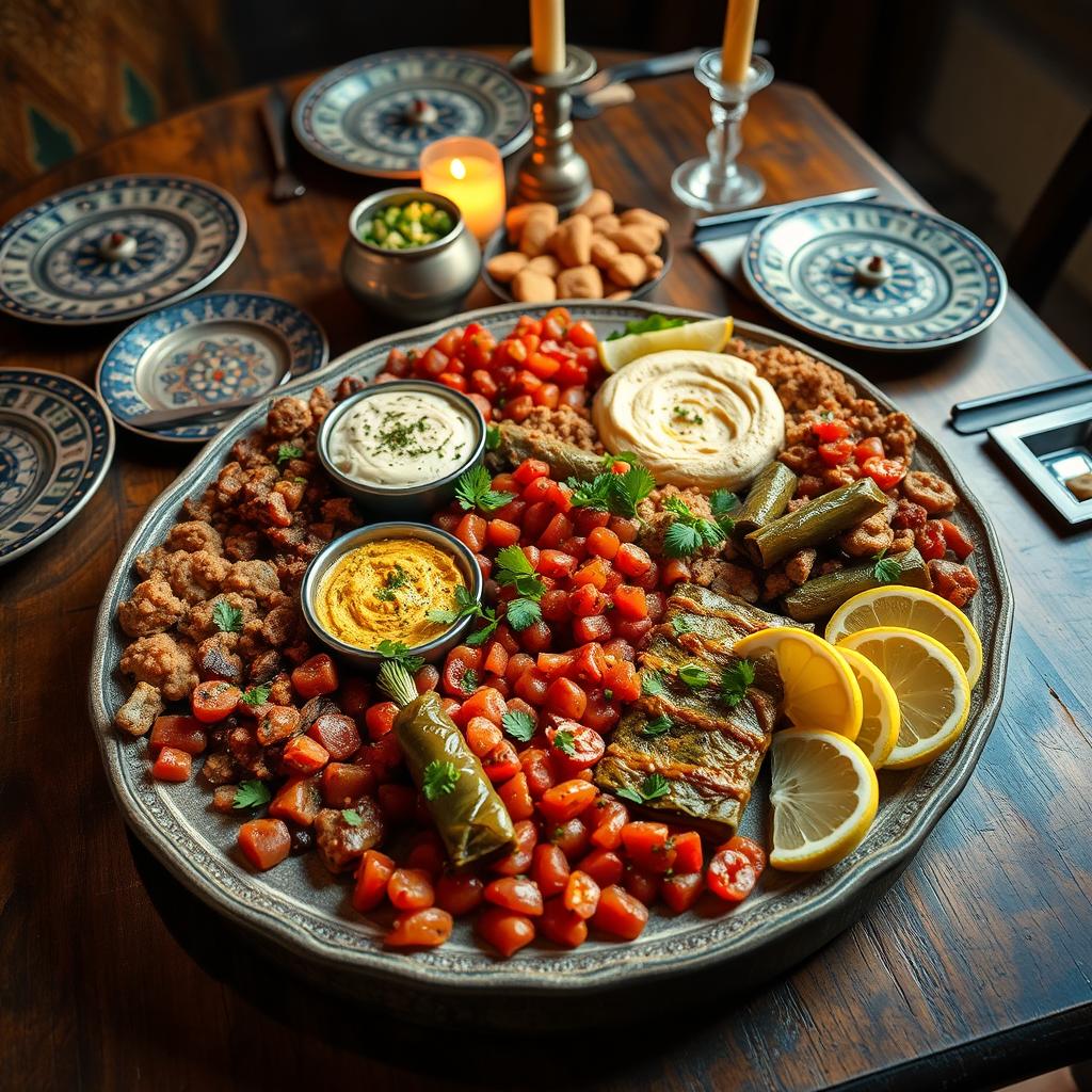 A vibrant, detailed image of a beautifully arranged traditional Arabic dish, featuring a large platter of colorful mezze, including hummus, baba ghanoush, tabbouleh, and stuffed grape leaves, complemented by fresh herbs and slices of lemon