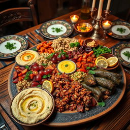 A vibrant, detailed image of a beautifully arranged traditional Arabic dish, featuring a large platter of colorful mezze, including hummus, baba ghanoush, tabbouleh, and stuffed grape leaves, complemented by fresh herbs and slices of lemon