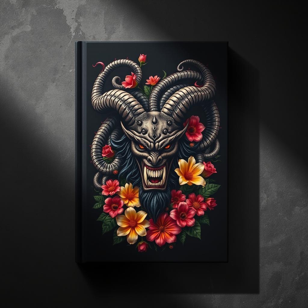 A dark cover book featuring a fierce Gorgon with a striking, menacing face, surrounded by a lush, vibrant arrangement of flowers