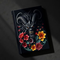 A dark cover book featuring a fierce Gorgon with a striking, menacing face, surrounded by a lush, vibrant arrangement of flowers