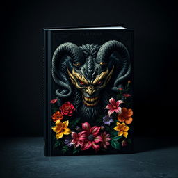A dark cover book featuring a fierce Gorgon with a striking, menacing face, surrounded by a lush, vibrant arrangement of flowers