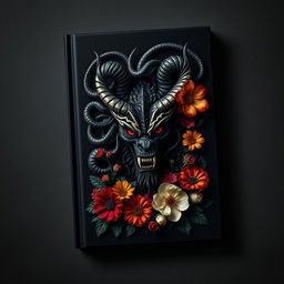 A dark cover book featuring a fierce Gorgon with a striking, menacing face, surrounded by a lush, vibrant arrangement of flowers