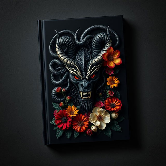 A dark cover book featuring a fierce Gorgon with a striking, menacing face, surrounded by a lush, vibrant arrangement of flowers
