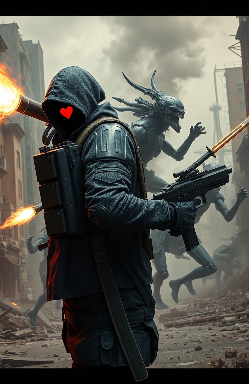 A dynamic post-apocalyptic city scene depicting a lone figure in the foreground, wearing hooded dark gray tactical armor