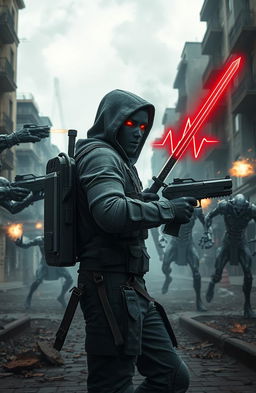 A dynamic post-apocalyptic city scene depicting a lone figure in the foreground, wearing hooded dark gray tactical armor