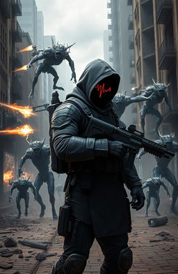 A dynamic post-apocalyptic city scene depicting a lone figure in the foreground, wearing hooded dark gray tactical armor