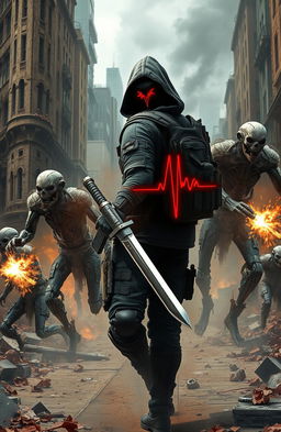 A dynamic post-apocalyptic city scene depicting a lone figure in the foreground, wearing hooded dark gray tactical armor