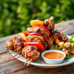 A delicious plate of shashlik, featuring perfectly grilled skewered meat with vibrant bell peppers, onions, and mushrooms