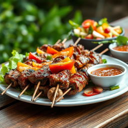 A delicious plate of shashlik, featuring perfectly grilled skewered meat with vibrant bell peppers, onions, and mushrooms