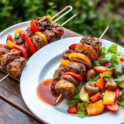 A delicious plate of shashlik, featuring perfectly grilled skewered meat with vibrant bell peppers, onions, and mushrooms