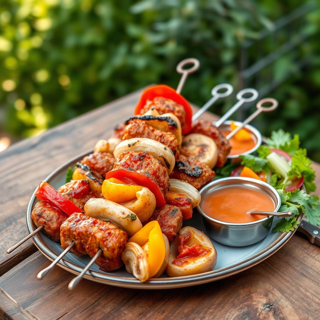 A delicious plate of shashlik, featuring perfectly grilled skewered meat with vibrant bell peppers, onions, and mushrooms
