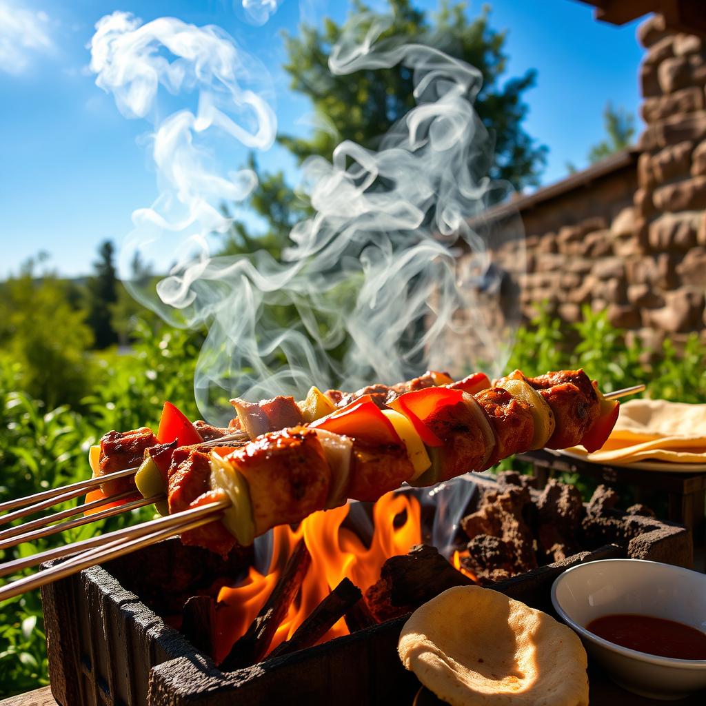 A vibrant scene of a traditional shashlik being grilled over an open flame, with skewered marinated pieces of meat sizzling and releasing flavorful smoke