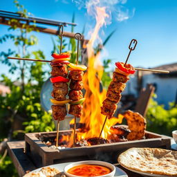 A vibrant scene of a traditional shashlik being grilled over an open flame, with skewered marinated pieces of meat sizzling and releasing flavorful smoke