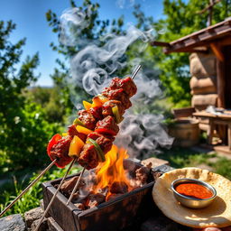 A vibrant scene of a traditional shashlik being grilled over an open flame, with skewered marinated pieces of meat sizzling and releasing flavorful smoke