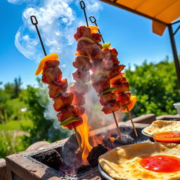 A vibrant scene of a traditional shashlik being grilled over an open flame, with skewered marinated pieces of meat sizzling and releasing flavorful smoke