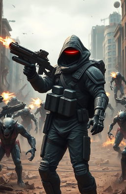 A dynamic and intense fight scene set in a post-apocalyptic cityscape, showcasing a lone figure in the foreground