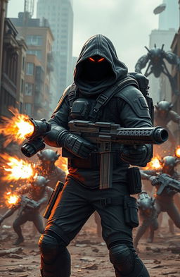 A dynamic and intense fight scene set in a post-apocalyptic cityscape, showcasing a lone figure in the foreground