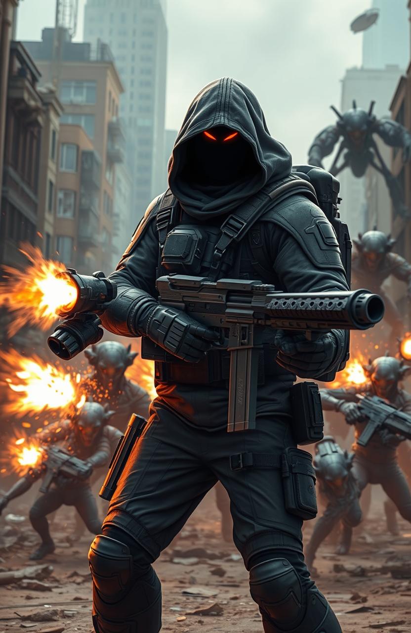 A dynamic and intense fight scene set in a post-apocalyptic cityscape, showcasing a lone figure in the foreground