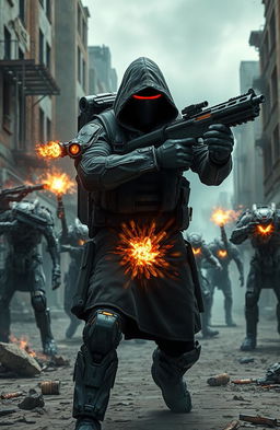 A dynamic and intense fight scene set in a post-apocalyptic cityscape, showcasing a lone figure in the foreground