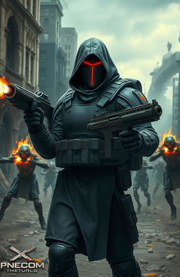 A dynamic and intense fight scene set in a post-apocalyptic cityscape, showcasing a lone figure in the foreground