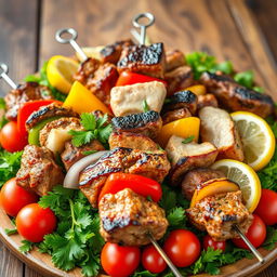 A beautifully arranged platter of juicy shashlik skewers, prominently featuring marinated chunks of grilled meat (lamb, chicken, and beef), interspersed with colorful vegetables like bell peppers, onions, and cherry tomatoes