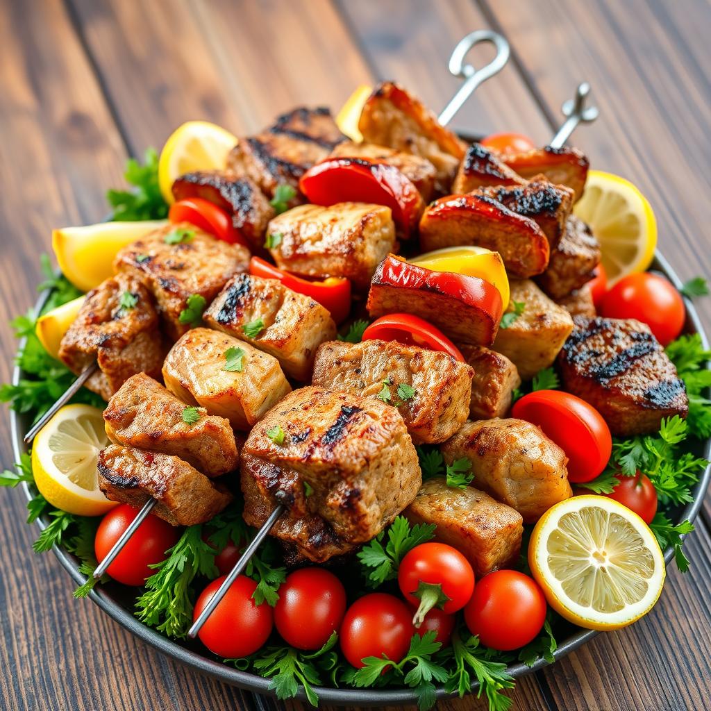 A beautifully arranged platter of juicy shashlik skewers, prominently featuring marinated chunks of grilled meat (lamb, chicken, and beef), interspersed with colorful vegetables like bell peppers, onions, and cherry tomatoes