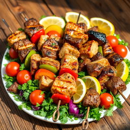 A beautifully arranged platter of juicy shashlik skewers, prominently featuring marinated chunks of grilled meat (lamb, chicken, and beef), interspersed with colorful vegetables like bell peppers, onions, and cherry tomatoes