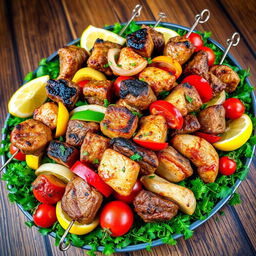 A beautifully arranged platter of juicy shashlik skewers, prominently featuring marinated chunks of grilled meat (lamb, chicken, and beef), interspersed with colorful vegetables like bell peppers, onions, and cherry tomatoes