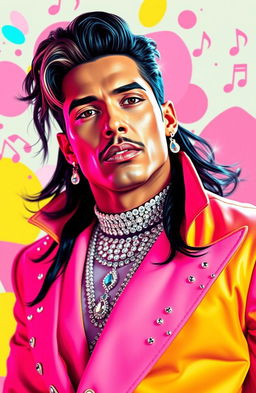 A dramatic and colorful pop art depiction of Ricardo Fort, styled in a music video like scene reminiscent of Britney Spears' 'Baby One More Time'