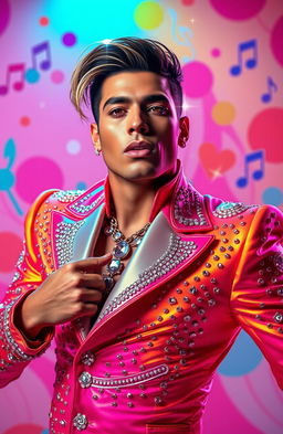 A dramatic and colorful pop art depiction of Ricardo Fort, styled in a music video like scene reminiscent of Britney Spears' 'Baby One More Time'
