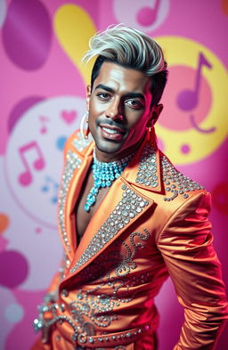 A dramatic and colorful pop art depiction of Ricardo Fort, styled in a music video like scene reminiscent of Britney Spears' 'Baby One More Time'