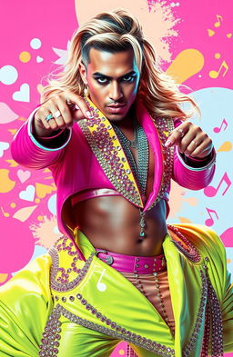 A dramatic and colorful pop art depiction of Ricardo Fort, styled in a music video like scene reminiscent of Britney Spears' 'Baby One More Time'