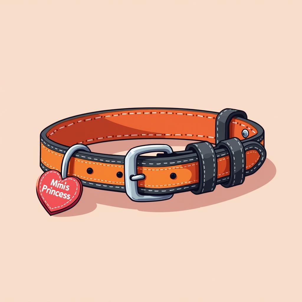 An anime-style illustration of a front-facing pet collar, designed in orange and black leather