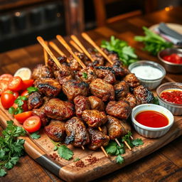 A delicious platter of shashlik, featuring skewers of marinated lamb chunks, grilled to perfection with a charred outer layer, juicy and tender inside