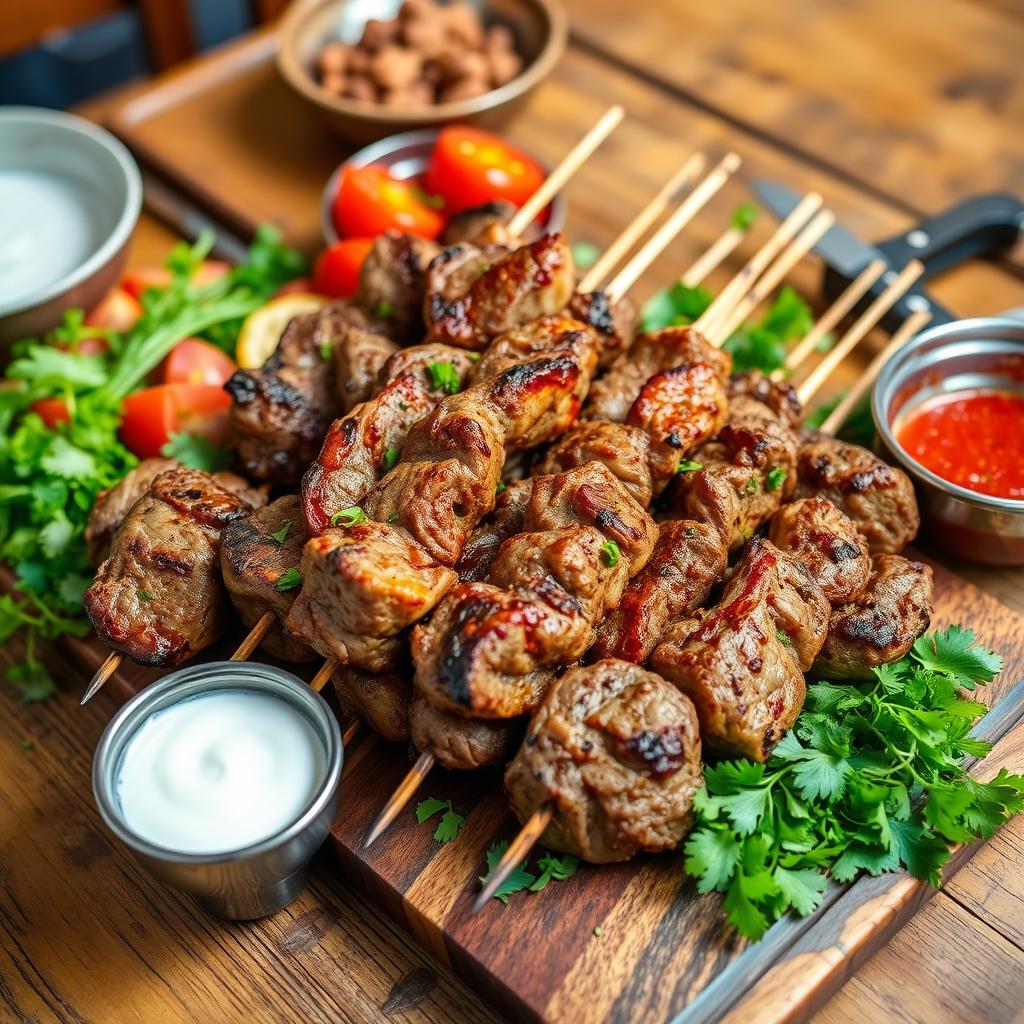 A delicious platter of shashlik, featuring skewers of marinated lamb chunks, grilled to perfection with a charred outer layer, juicy and tender inside