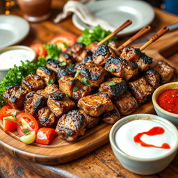 A delicious platter of shashlik, featuring skewers of marinated lamb chunks, grilled to perfection with a charred outer layer, juicy and tender inside