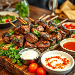 A delicious platter of shashlik, featuring skewers of marinated lamb chunks, grilled to perfection with a charred outer layer, juicy and tender inside