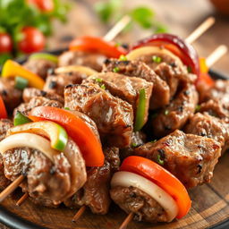A close-up of beautifully arranged shashlik skewers with juicy, tender pieces of marinated lamb, grilled to perfection