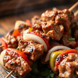 A close-up of beautifully arranged shashlik skewers with juicy, tender pieces of marinated lamb, grilled to perfection